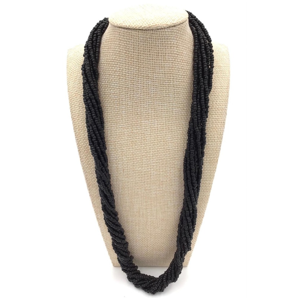 VTG Trifari Black Multi Strand Seed Bead Necklace Southwestern Boho Statement